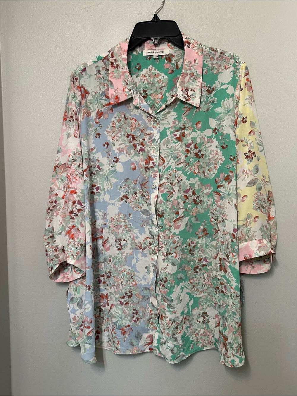 ROSE & OLIVE Button Up Shirt Women’s Size 1X Floral Multicolor 3/4 Sleeve Boho